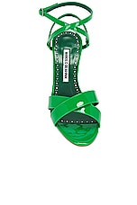 Manolo Blahnik Tormentas 90 Patent Sandal in Bright Green, view 4, click to view large image.