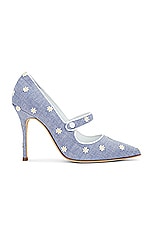 Manolo Blahnik Camparinew 105 Chambray Pump in White Daisy Chambray, view 1, click to view large image.