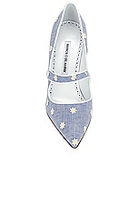 Manolo Blahnik Camparinew 105 Chambray Pump in White Daisy Chambray, view 4, click to view large image.