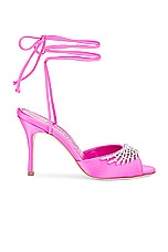 Manolo Blahnik Plumena 90 Satin Pump in Bright Pink, view 1, click to view large image.
