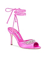 Manolo Blahnik Plumena 90 Satin Pump in Bright Pink, view 2, click to view large image.