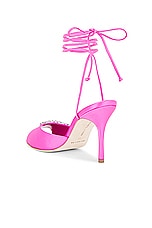 Manolo Blahnik Plumena 90 Satin Pump in Bright Pink, view 3, click to view large image.
