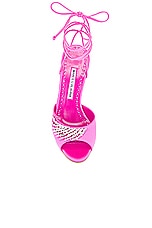 Manolo Blahnik Plumena 90 Satin Pump in Bright Pink, view 4, click to view large image.