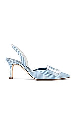 Manolo Blahnik Mayslibi 70 Grosgrain Pump in Light Blue & White Printed Fabric, view 1, click to view large image.