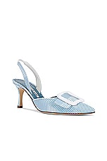Manolo Blahnik Mayslibi 70 Grosgrain Pump in Light Blue & White Printed Fabric, view 2, click to view large image.