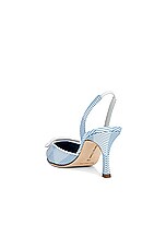Manolo Blahnik Mayslibi 70 Grosgrain Pump in Light Blue & White Printed Fabric, view 3, click to view large image.