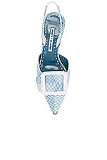 Manolo Blahnik Mayslibi 70 Grosgrain Pump in Light Blue & White Printed Fabric, view 4, click to view large image.