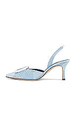 Manolo Blahnik Mayslibi 70 Grosgrain Pump in Light Blue & White Printed Fabric, view 5, click to view large image.