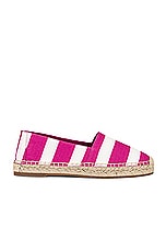 Manolo Blahnik Sombrille Espadrille in Bright Pink Striped Cotton Fabric, view 1, click to view large image.