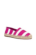 Manolo Blahnik Sombrille Espadrille in Bright Pink Striped Cotton Fabric, view 2, click to view large image.