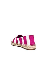 Manolo Blahnik Sombrille Espadrille in Bright Pink Striped Cotton Fabric, view 3, click to view large image.
