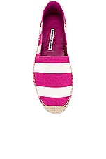 Manolo Blahnik Sombrille Espadrille in Bright Pink Striped Cotton Fabric, view 4, click to view large image.