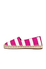 Manolo Blahnik Sombrille Espadrille in Bright Pink Striped Cotton Fabric, view 5, click to view large image.