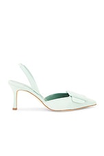 Manolo Blahnik Maysli 70 Suede Pump in Light Green, view 1, click to view large image.