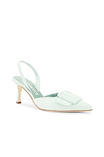 Manolo Blahnik Maysli 70 Suede Pump in Light Green, view 2, click to view large image.