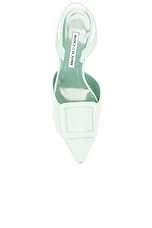 Manolo Blahnik Maysli 70 Suede Pump in Light Green, view 4, click to view large image.