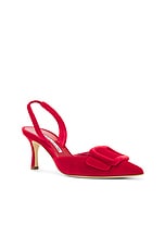 Manolo Blahnik Maysli 70 Velvet Pump in Bright Red, view 2, click to view large image.