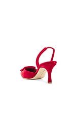 Manolo Blahnik Maysli 70 Velvet Pump in Bright Red, view 3, click to view large image.