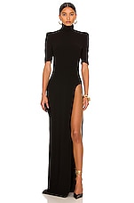 MONOT High Slit T-Neck Gown in Black, view 1, click to view large image.