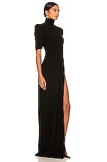 MONOT High Slit T-Neck Gown in Black, view 2, click to view large image.
