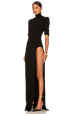 MONOT High Slit T-Neck Gown in Black, view 3, click to view large image.