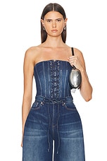 MONOT Lace Up Denim Corset Top in Indigo, view 1, click to view large image.