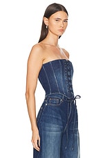 MONOT Lace Up Denim Corset Top in Indigo, view 2, click to view large image.