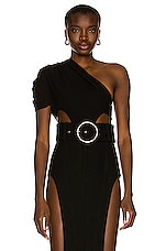 MONOT Side Cutout One Shoulder Bodysuit in Black, view 1, click to view large image.