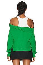 Monse Color Blocked Off Shoulder Sweater in Green, view 3, click to view large image.