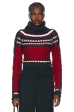 Monse Cropped Fairisle Slit Sleeve Turtleneck Sweater in Red & Charcoal, view 1, click to view large image.