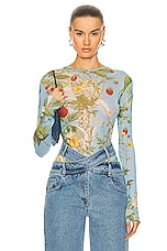 Monse Floral Skeleton Print Mesh Top in Blue Multi, view 1, click to view large image.