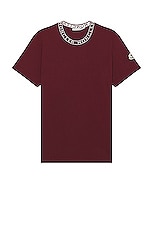 Moncler Short Sleeve Neck Logo T-shirt in Burgundy, view 1, click to view large image.
