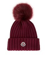 Moncler Beanie With Puff in Red, view 1, click to view large image.