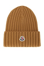 Moncler Foldover Beanie in Beige, view 1, click to view large image.