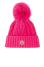 Moncler Faux Fur Beanie in Pink, view 1, click to view large image.