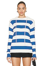 Moncler Striped Hooded Sweater in White & Blue, view 1, click to view large image.