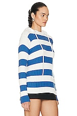 Moncler Striped Hooded Sweater in White & Blue, view 2, click to view large image.