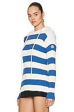 Moncler Striped Hooded Sweater in White & Blue, view 3, click to view large image.