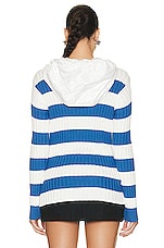 Moncler Striped Hooded Sweater in White & Blue, view 4, click to view large image.