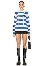 Moncler Striped Hooded Sweater in White & Blue, view 5, click to view large image.