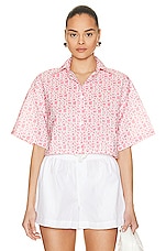 Moncler Cropped Logo Print Short Sleeve Shirt in Pink, view 1, click to view large image.