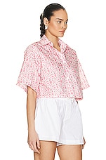 Moncler Cropped Logo Print Short Sleeve Shirt in Pink, view 2, click to view large image.