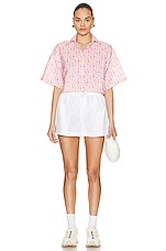 Moncler Cropped Logo Print Short Sleeve Shirt in Pink, view 5, click to view large image.