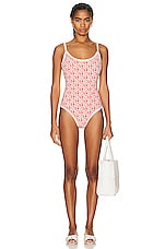 Moncler Logo Print Scoop Neck One Piece Swimsuit in Orange, view 1, click to view large image.