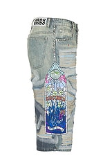 Who Decides War by Ev Bravado Chrome Stud Embroidered Short in Denim, view 3, click to view large image.