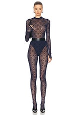 Marine Serre Moonogram Mesh Flock Tights in Navy, view 2, click to view large image.