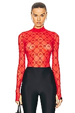 Marine Serre Monogram Mesh Flock High Neck Top in Red, view 1, click to view large image.