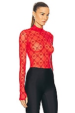 Marine Serre Monogram Mesh Flock High Neck Top in Red, view 2, click to view large image.
