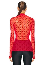 Marine Serre Monogram Mesh Flock High Neck Top in Red, view 3, click to view large image.