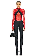Marine Serre Monogram Mesh Flock High Neck Top in Red, view 4, click to view large image.